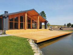 Design and installation — standing seam, natural larch facade, marble fireplace, Mazilovo village